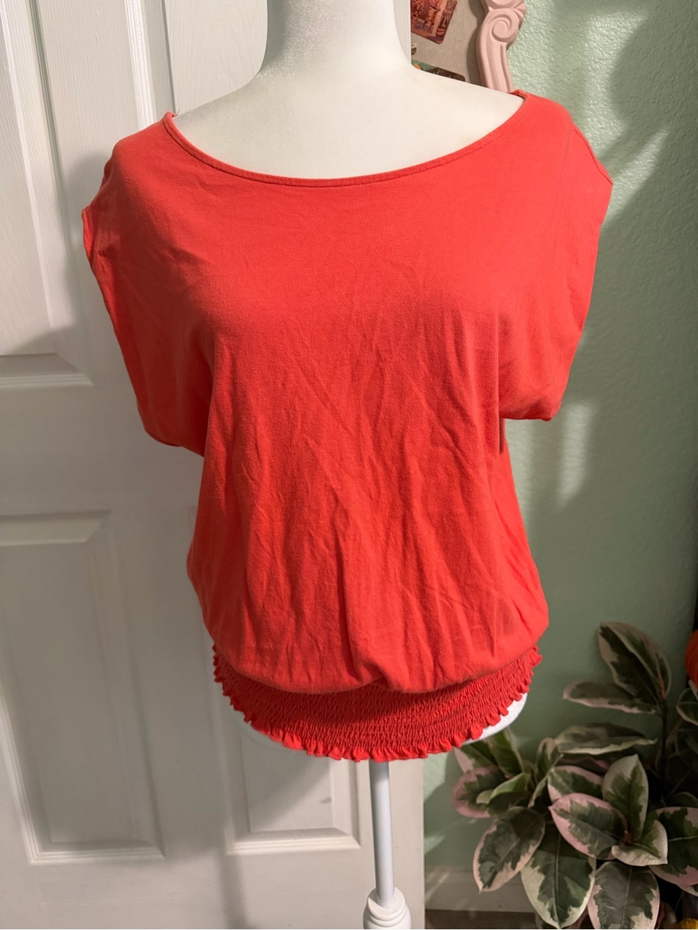 a new day Coral Red Short Sleeve Top with Smocked Hem